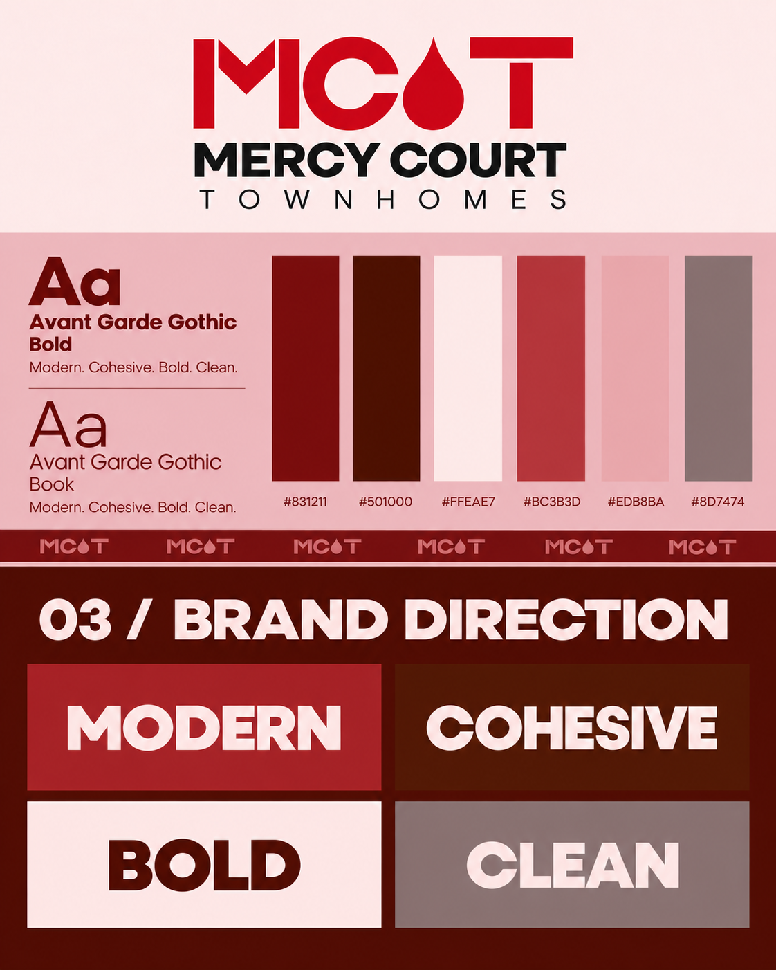 Brand direction board for Mercy Court Town Homes — logo, typography samples, six colour swatches and the words modern, cohesive, bold, clean